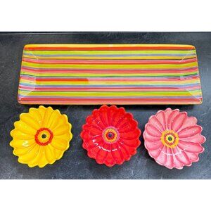 Clay Art Striped Gerbera Hand Painted Serving Dishes Set of 4 Daisy Ceramic New